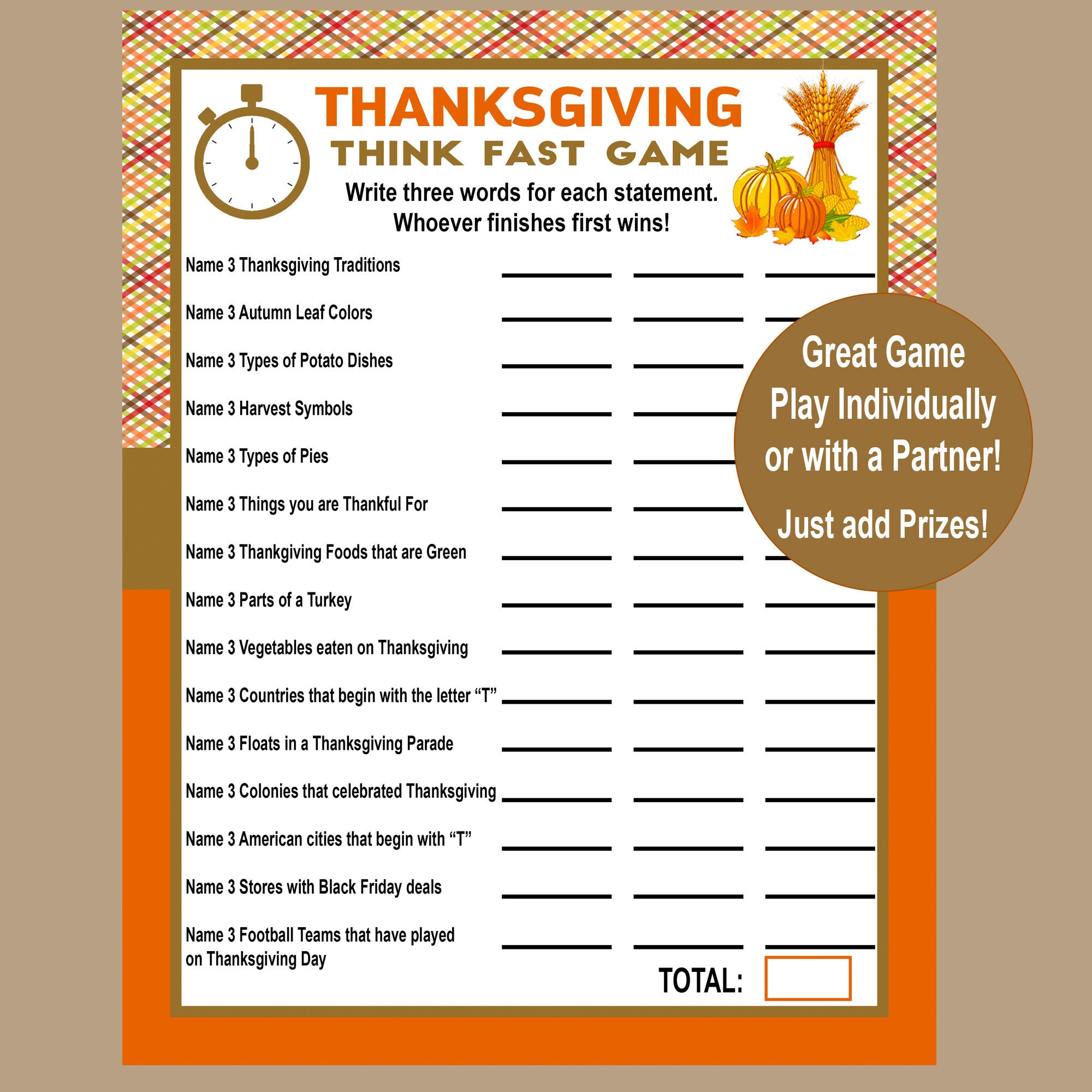Thanksgiving Trivia Game, Think Fast Game, Thanksgiving Printable Games,  Fun Friendsgiving Game, Zoom Game, Family Game, Instant Download for Thanksgiving Games Printable
