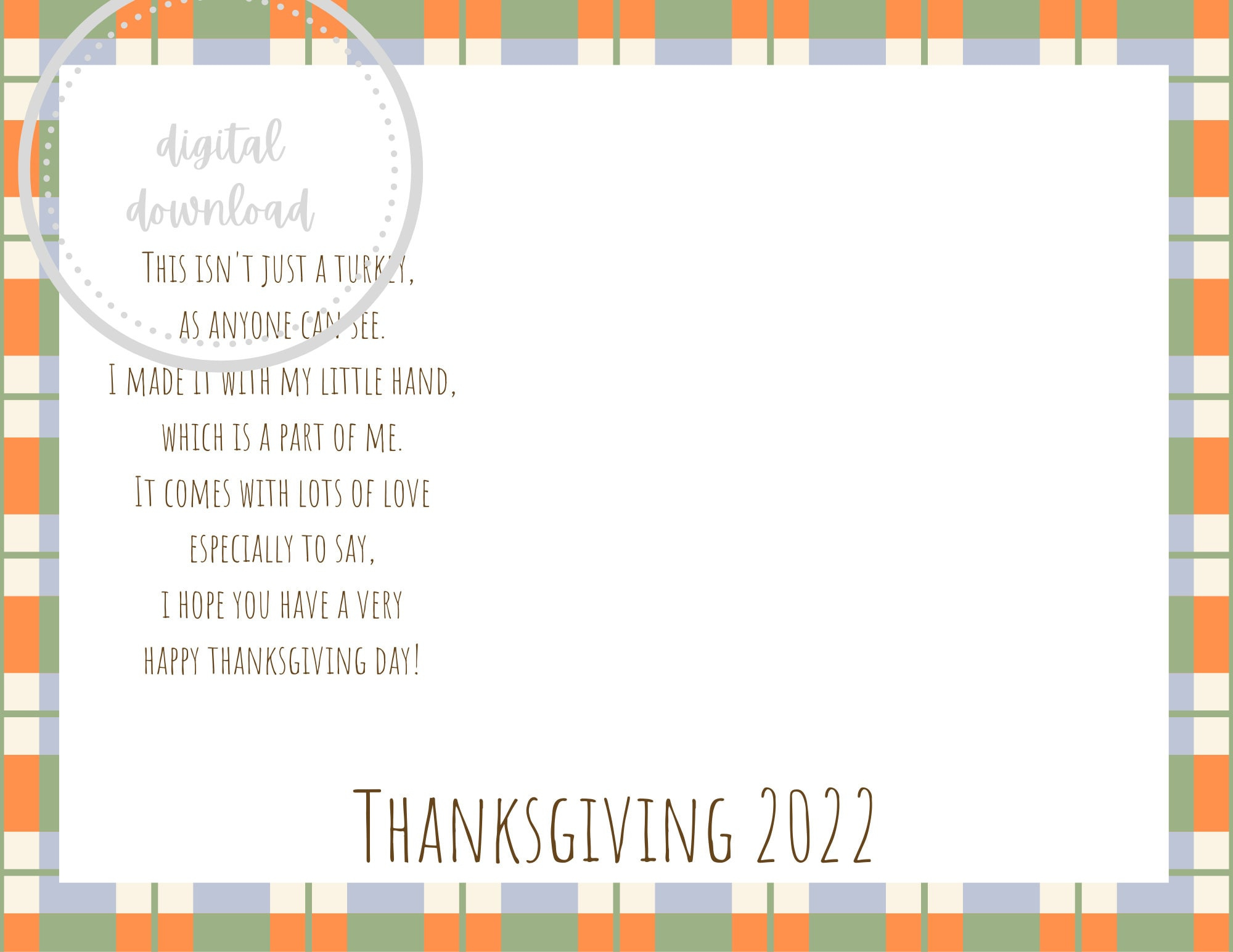 Thanksgiving Turkey Poem Placemat Printable - Etsy with regard to Thanksgiving Placemat Poem