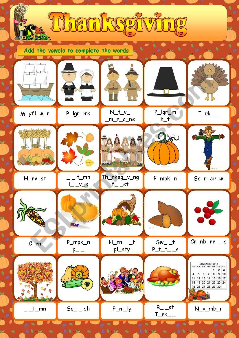 Thanksgiving Vocabulary - Esl Worksheetanna P in Thanksgiving Vocabulary Worksheet