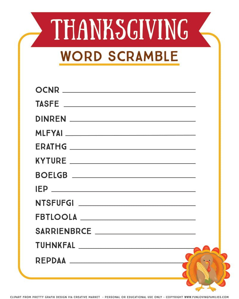 Thanksgiving Word Scramble: Printable Activity For Kids - Fun within Thanksgiving Scrambled Words Printable
