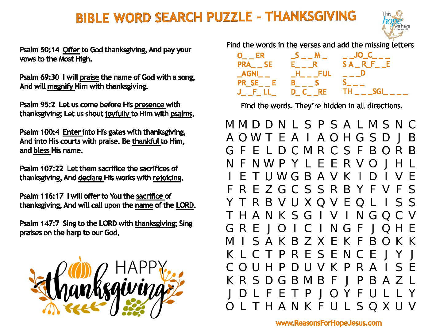 Thanksgiving Word Search Puzzle » Reasons For Hope* Jesus intended for Religious Thanksgiving Word Search Printable