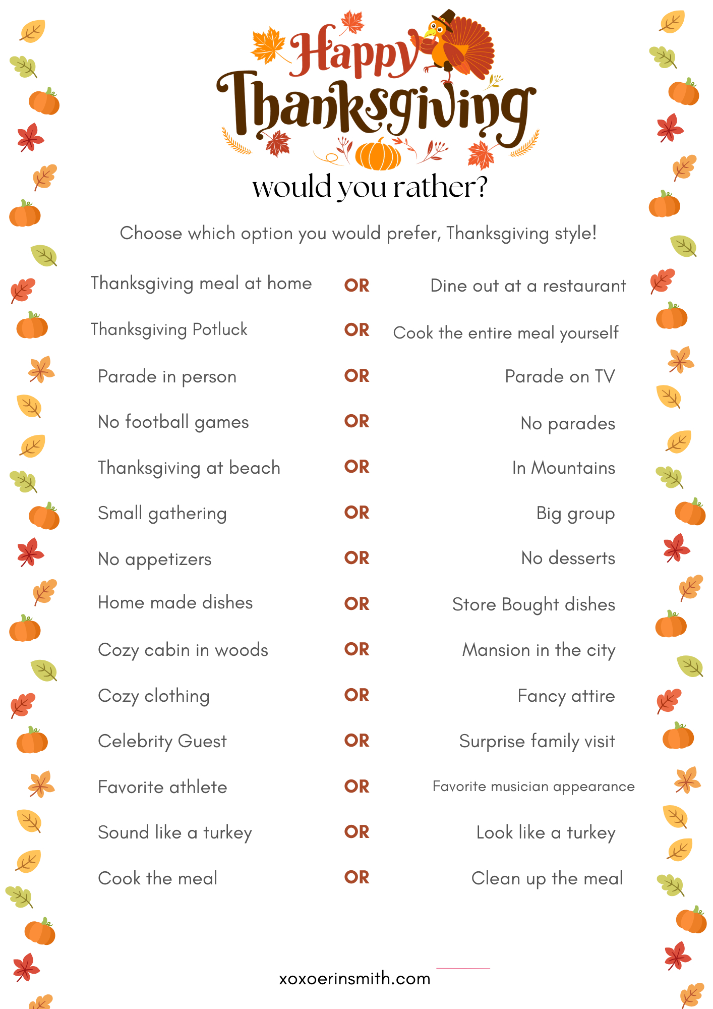 Thanksgiving Would You Rather Questions Printable Free in Printable Thanksgiving Would You Rather