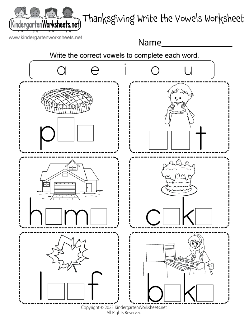 Thanksgiving Write The Vowels Worksheet - Free Printable, Digital for Kindergarten Worksheets Thanksgiving