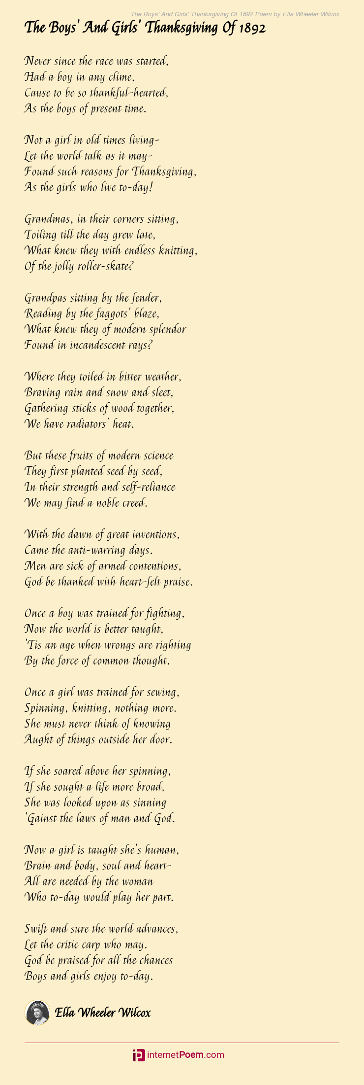 The Boys&amp;#039; And Girls&amp;#039; Thanksgiving Of 1892 Poemella Wheeler Wilcox throughout Thanksgiving Poem Ella Wheeler Wilcox