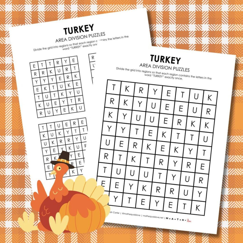 Turkey Area Division Logic Puzzles | Math = Love for Thanksgiving Logic Puzzle Printable