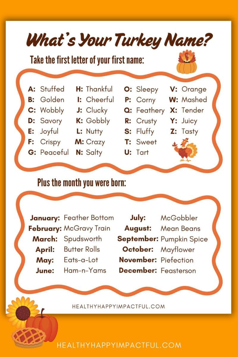 What&amp;#039;S Your Turkey Name? Free Thanksgiving Game Printable Activity throughout Thanksgiving Turkey Name Game Free Printable