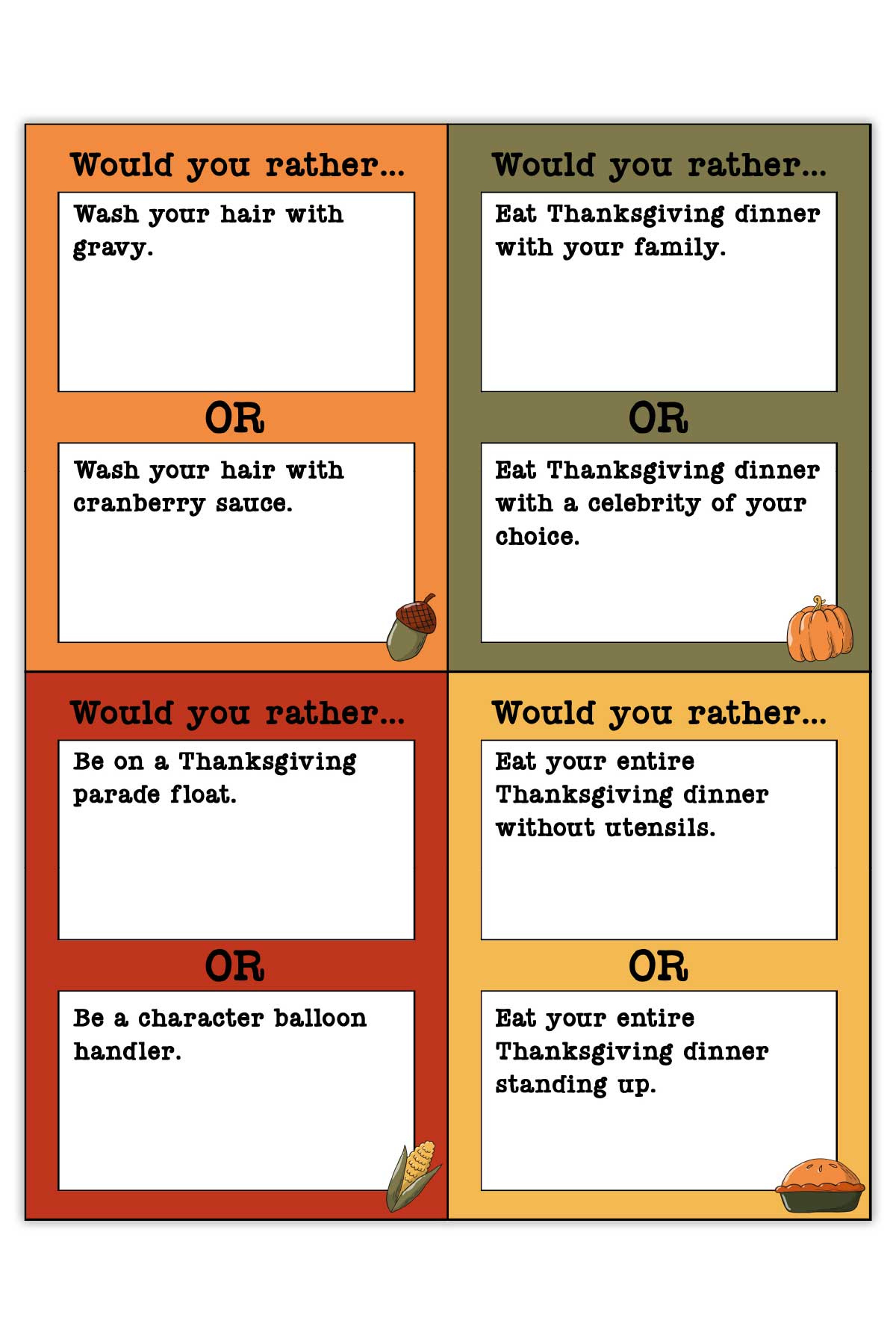 Would You Rather Thanksgiving Games Printable inside Would You Rather Thanksgiving Printable