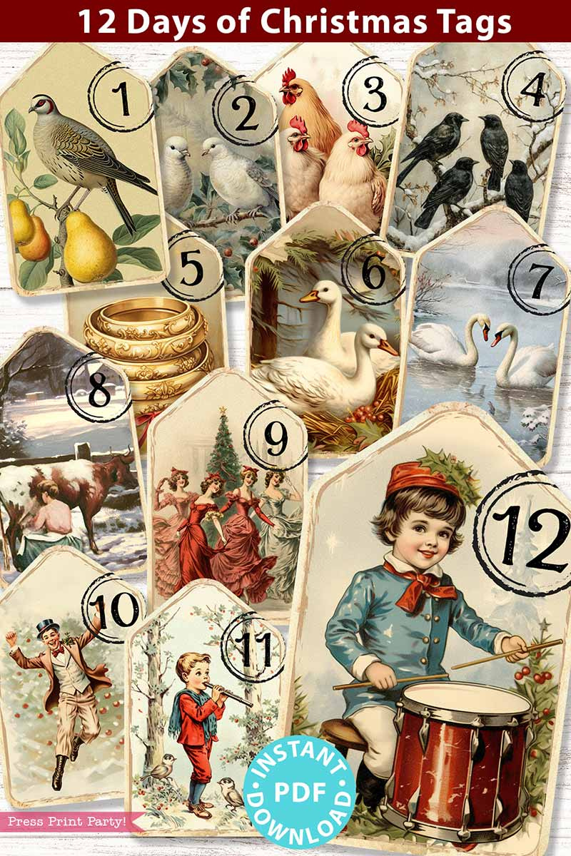 12 Days Of Christmas Tags Printable Vintage for Free Printable 12 Days Of Christmas Individual Pictures