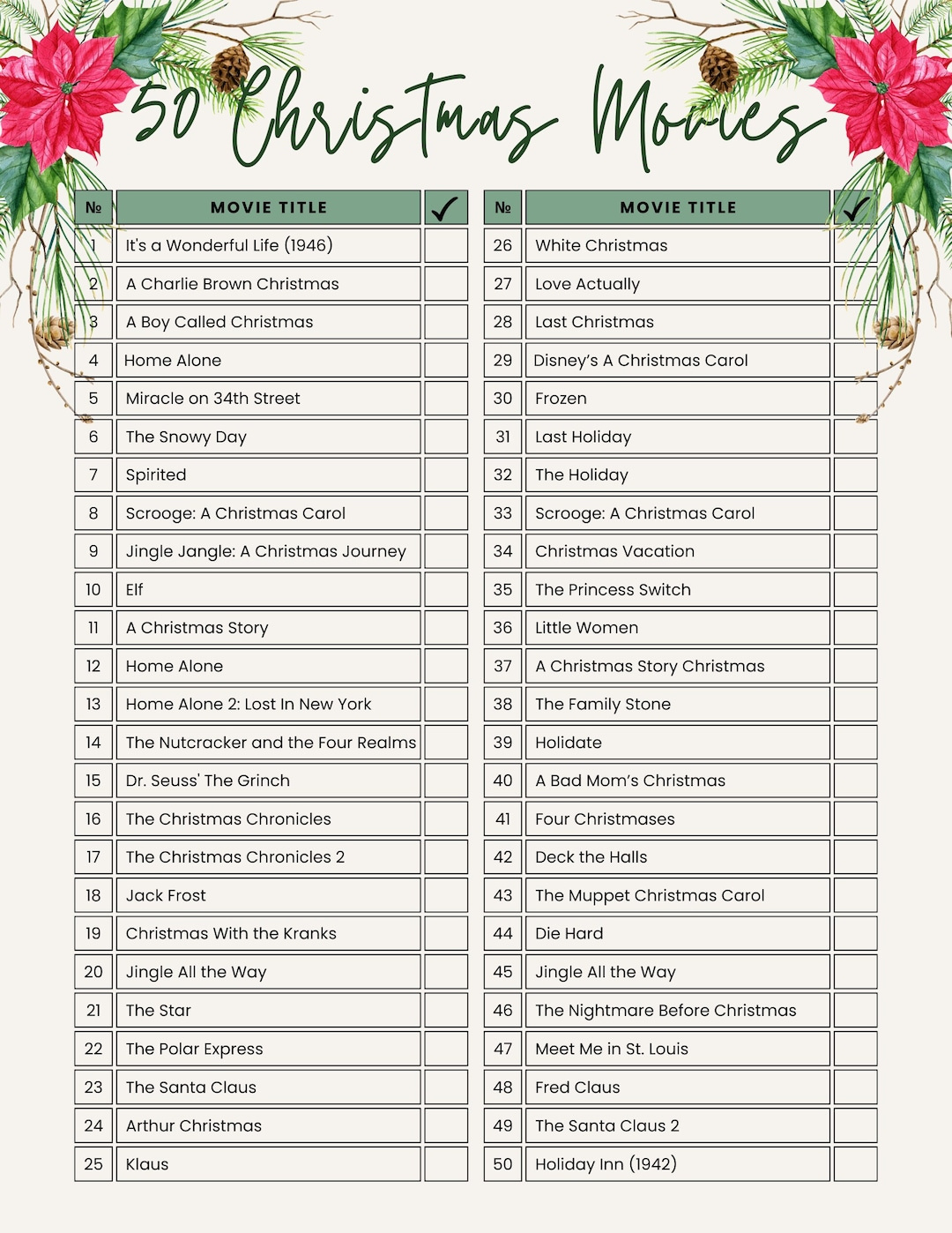 50 Christmas Movies Checklist | Christmas Movies | Family Movie inside Printable Christmas Movie Checklist