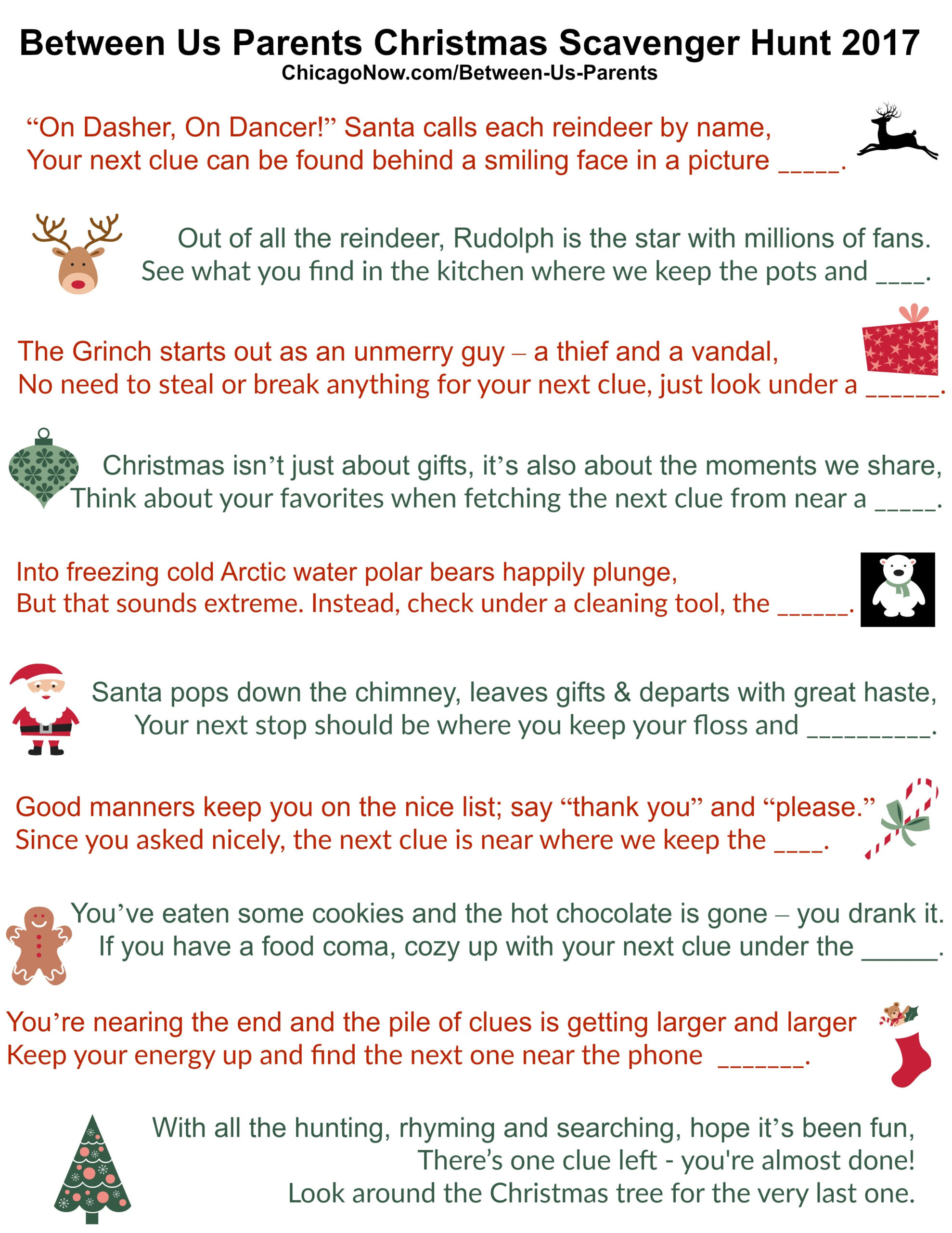 70 Printable Christmas Scavenger Hunt Clues within Free Printable Christmas Scavenger Hunt Clues For Adults