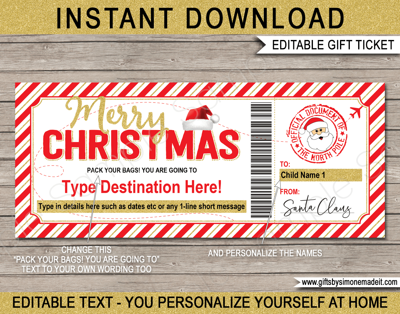 Christmas Boarding Pass From Santa Template - Red &amp;amp; Gold regarding Free Printable Christmas Boarding Pass Template