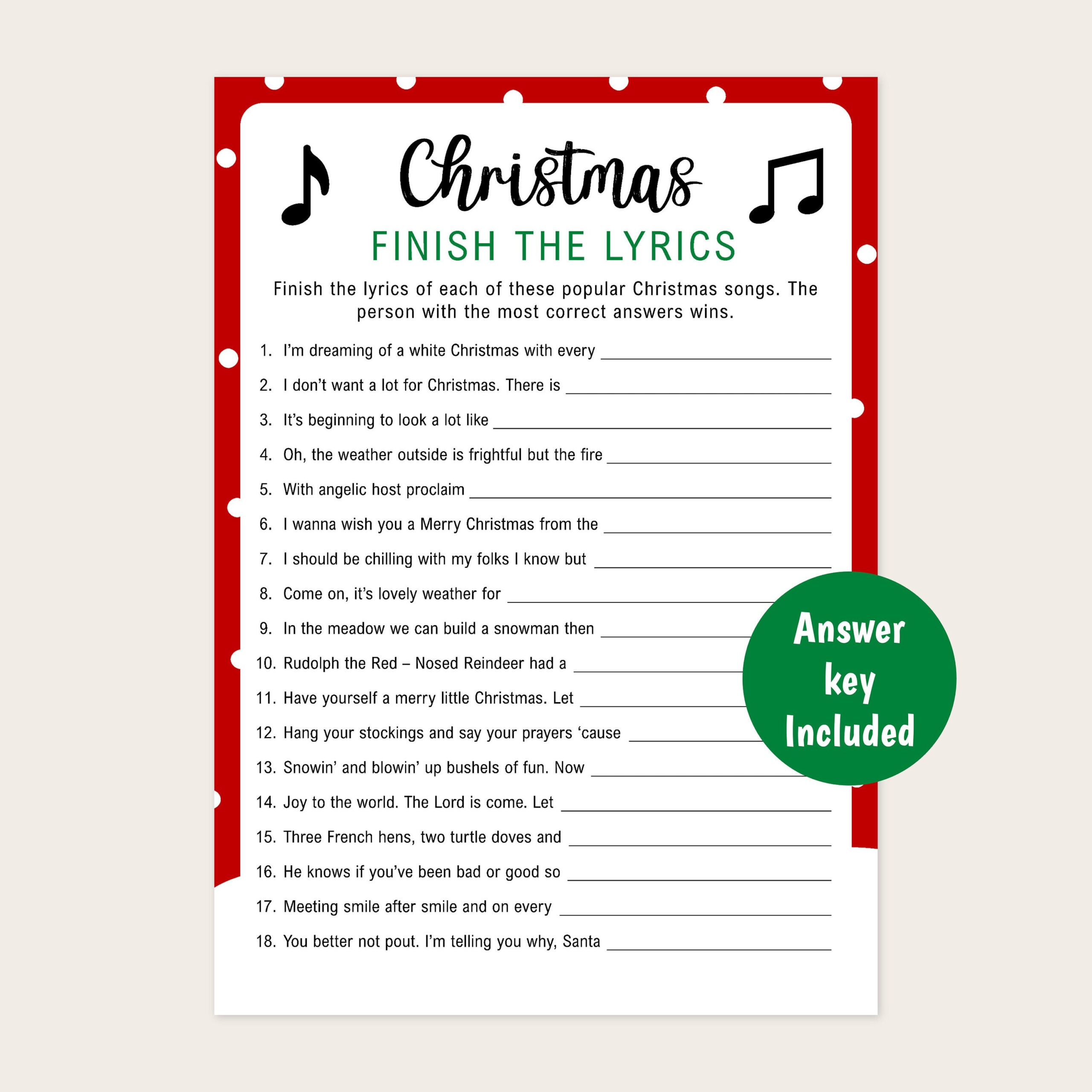 Christmas Finish The Lyrics Game | Printable Christmas Game throughout Finish the Lyrics Christmas Songs with Answers Printable