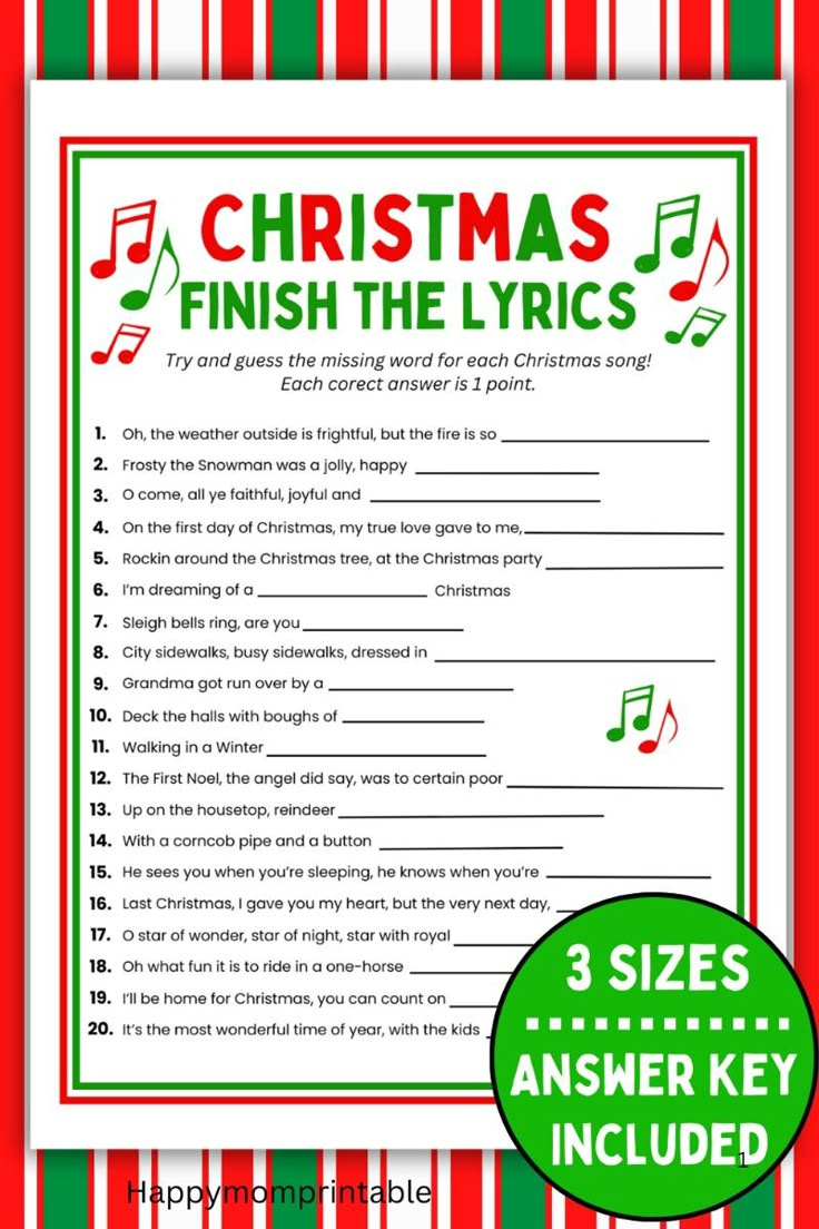 Christmas Finish The Lyrics Song Game Printable With Answers pertaining to Finish The Christmas Song Lyrics Game Printable Free With Answers
