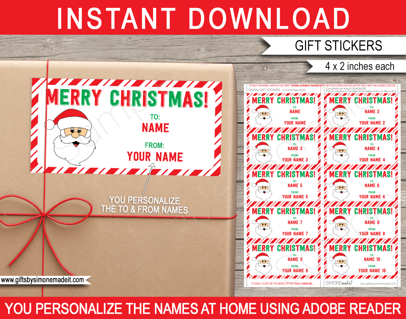 Christmas Gift Labels Template (Santa Claus) - From Your Name - Red &amp;amp; Green for Christmas To From Labels Printable