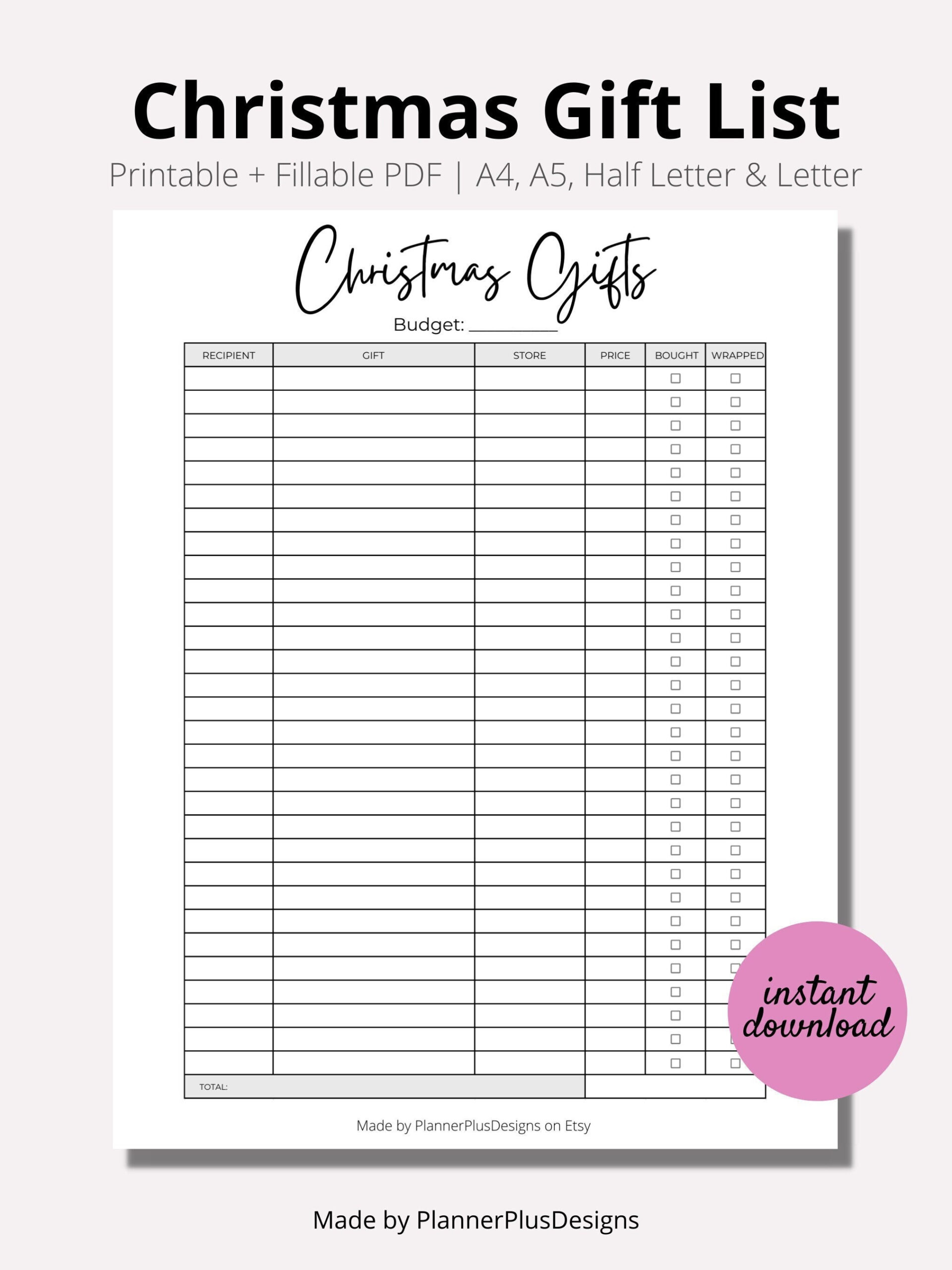 Christmas Gift List, Gift Tracker, Christmas Gift Planner inside Printable Christmas Gift Tracker