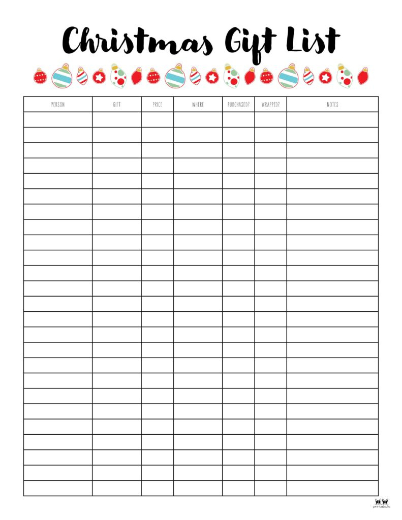 Christmas Gift List Templates - 20 Free Pages | Printabulls for Printable Christmas List Planner