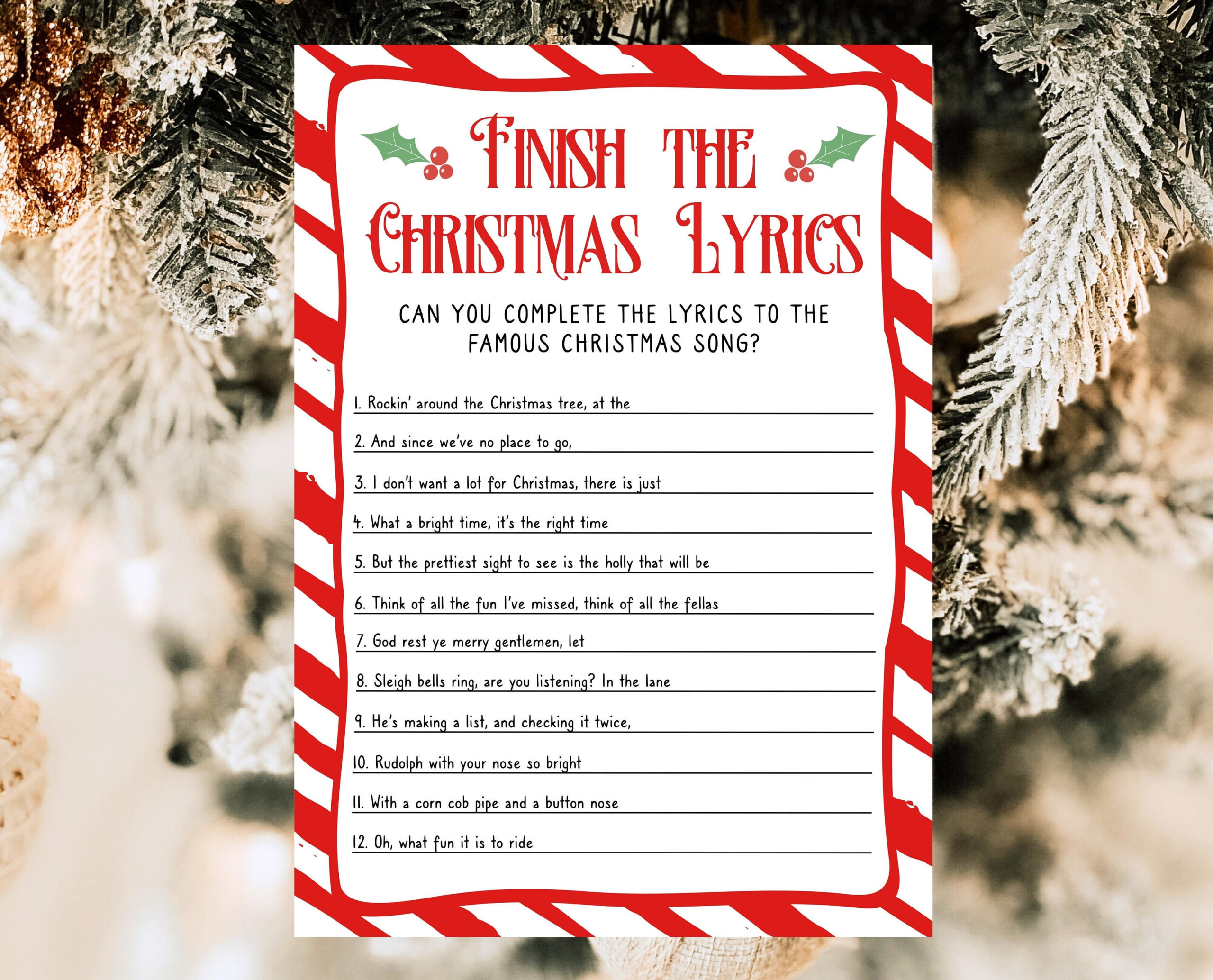 Christmas Lyrics Game: Printable Holiday Party Trivia (Canva pertaining to Finish The Christmas Lyrics Printable Free