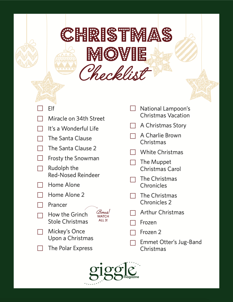 Christmas Movie Checklist - Giggle Magazine within Printable Christmas Movie Checklist