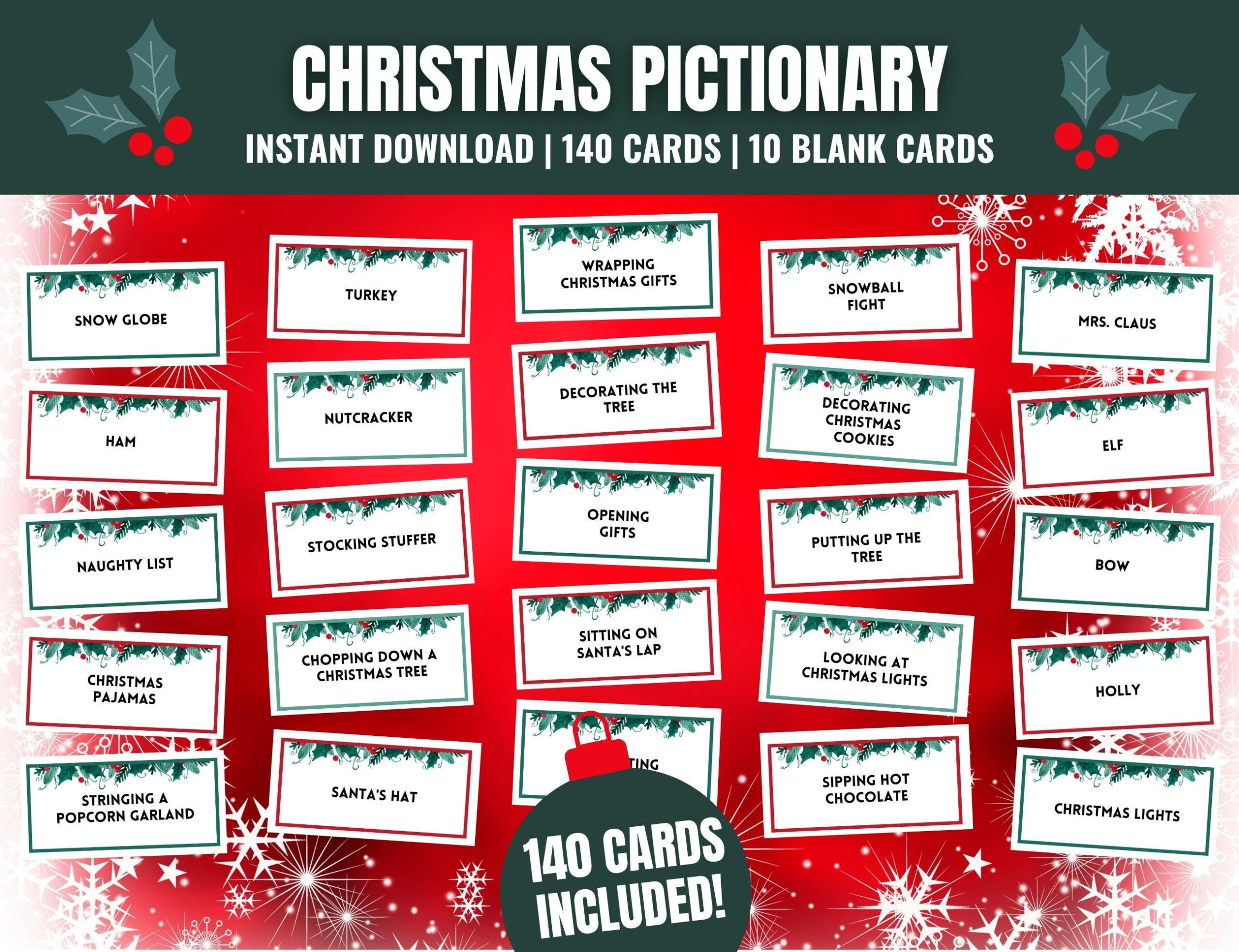 Christmas Pictionary Cards: Family Holiday Game (Printable) - Etsy intended for Printable Christmas Pictionary Words