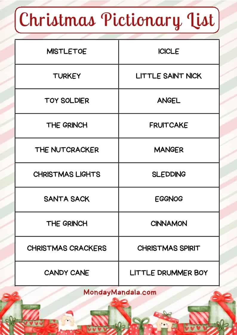 Christmas Pictionary Lists (Free Pdf Printables) with Printable Christmas Pictionary Words