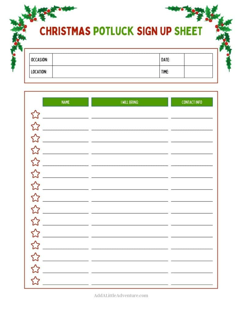 Christmas Potluck Sign-Up Sheets (Free Printables) inside Free Printable Christmas Potluck Sign Up Sheet Template Word