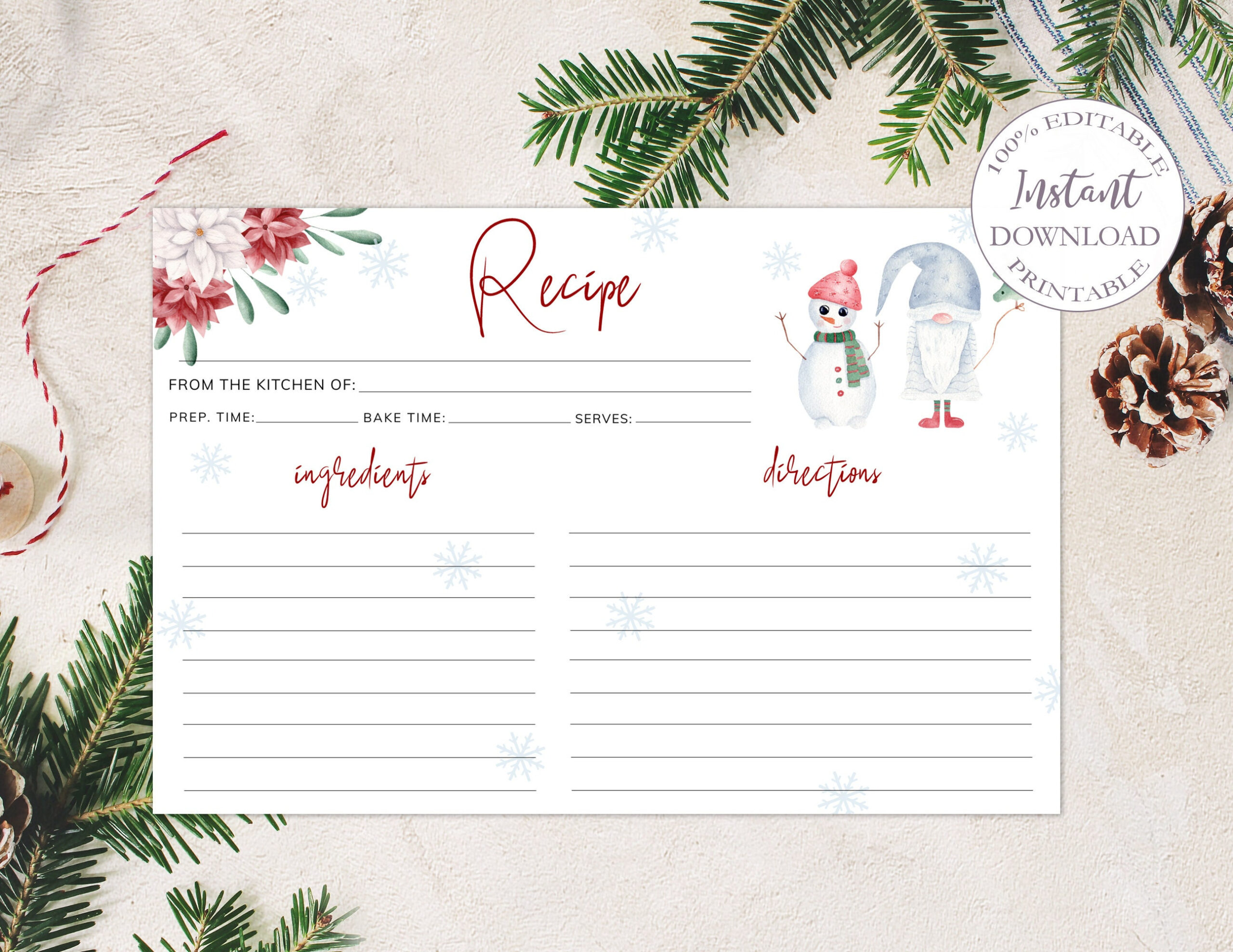 Christmas Recipe Card Printable, 4X6 Recipe Cards Template, Modern throughout Printable Christmas Recipe Card Template