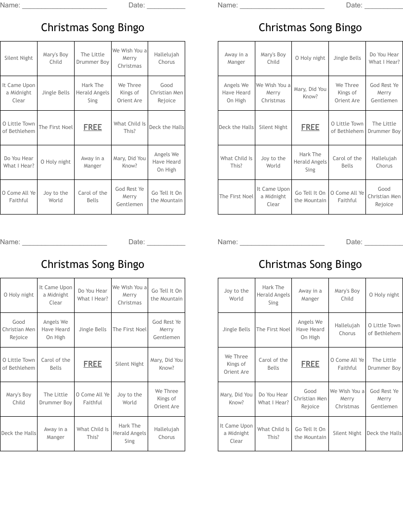 Christmas Song Bingo - Wordmint inside Free Printable Christmas Music Bingo Card