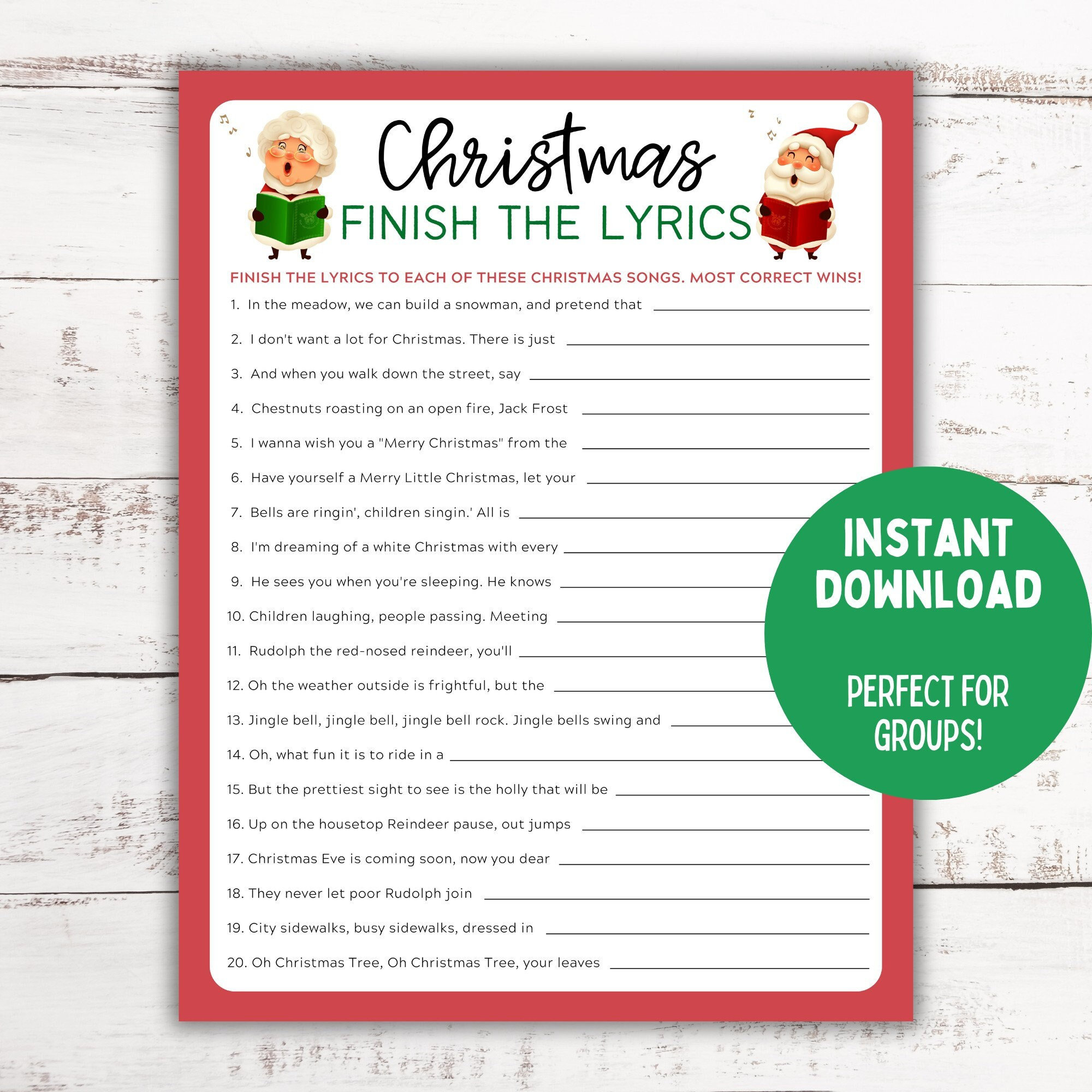 Christmas Song Trivia Game | Finish The Lyrics | Christmas Printable Game | Christmas Family Activity| Christmas Party Game throughout Finish the Lyrics Christmas Songs with Answers Printable