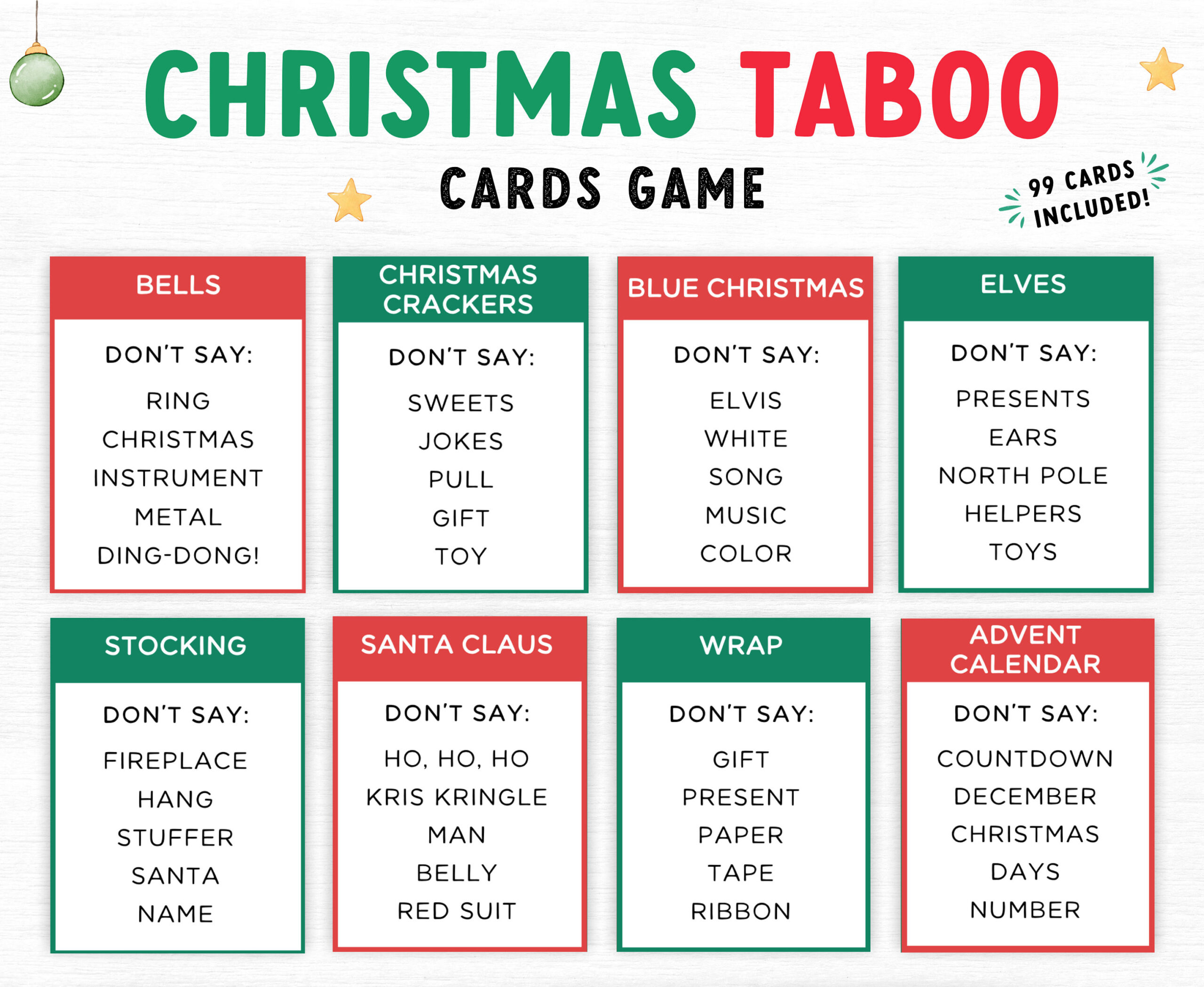 Christmas Taboo Game, Family Party Game, Printable Christmas for Christmas Taboo Card Printable