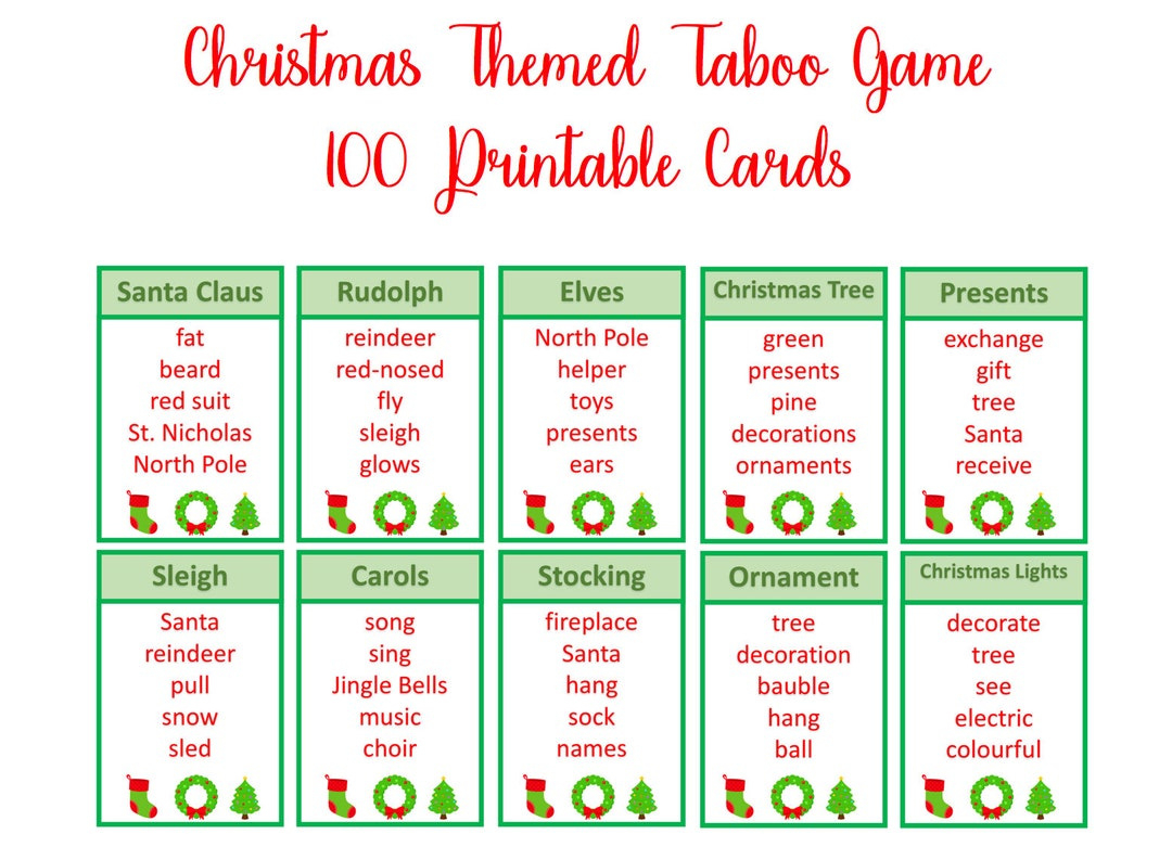 Christmas Taboo Game, Unspeakable Game, Christmas Printable for Christmas Taboo Free Printable