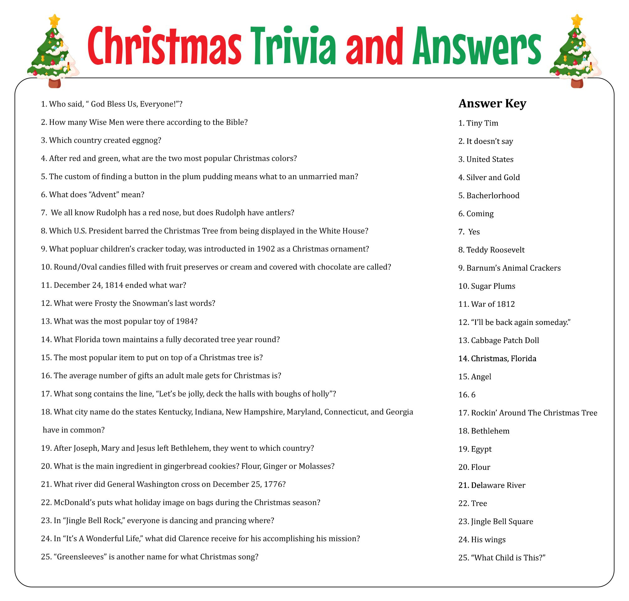 Christmas Trivia Games With Answers Free Printable in Free Printable Christmas Games With Answer Key