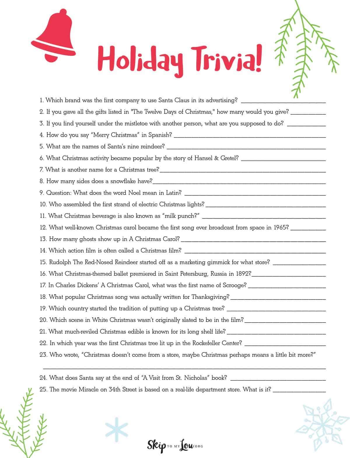 Christmas Trivia | Skip To My Lou with Hard Christmas Trivia Questions and Answers Printable