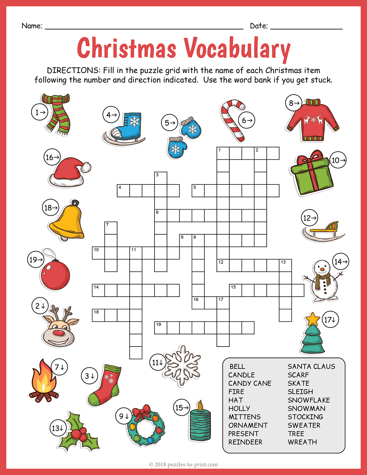 Christmas Vocabulary Image Crossword in Printable Christmas Crossword Puzzles with Answers