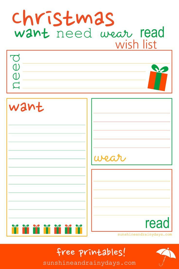 Christmas Want, Need, Wear, Read Shopping And Wish List throughout Christmas Want Need Wear Read Printable