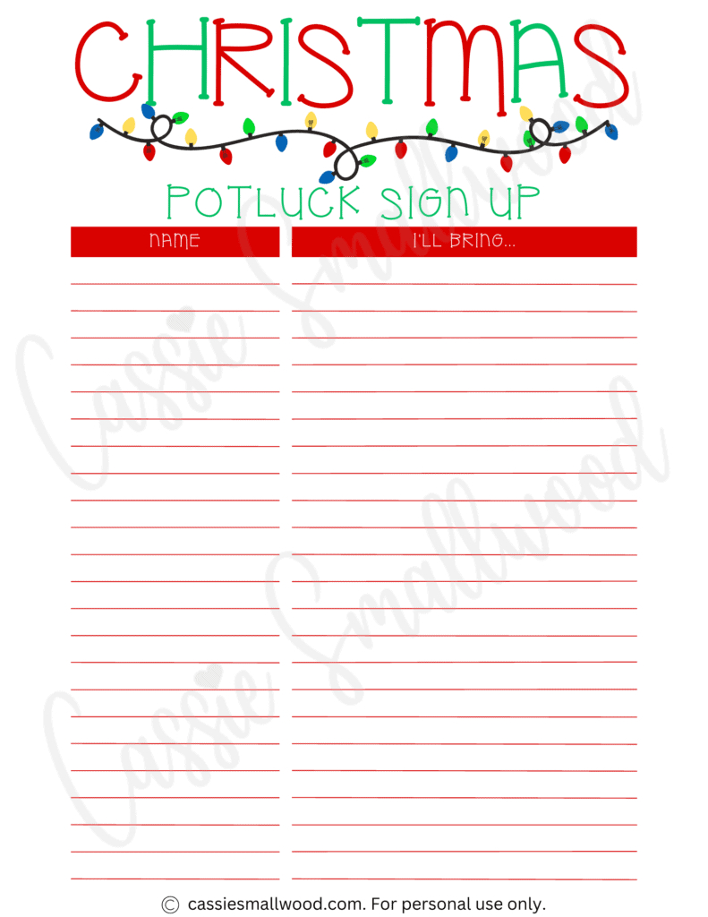 Cute Christmas Potluck Sign Up Sheets - Cassie Smallwood regarding Printable Christmas Party Sign Up Sheet