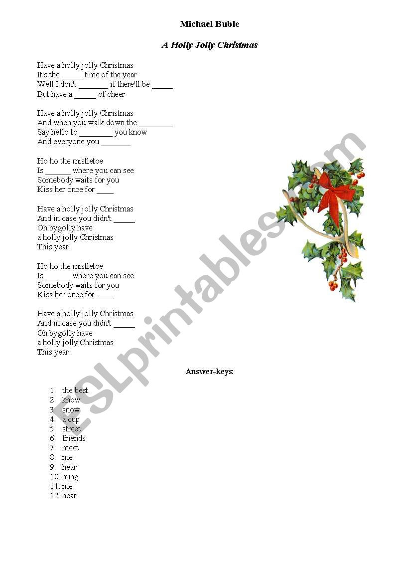 English Worksheets: Christmas Song Lyrics - Michael Buble A Holly regarding Holly Jolly Christmas Lyrics Printable