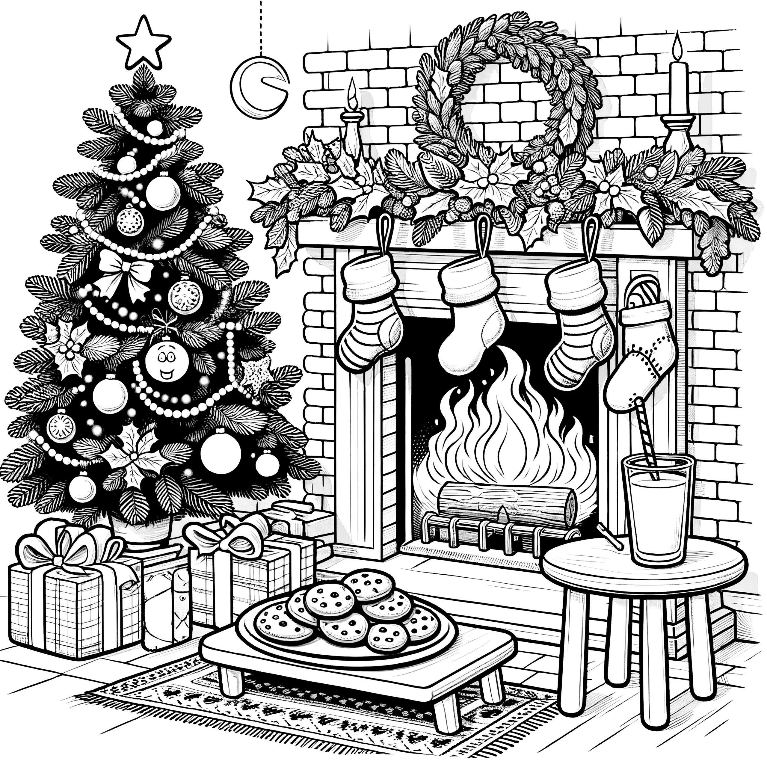 Fireside &amp;amp; Christmas Tree: Festive Coloring Template in Printable Christmas Images to Color
