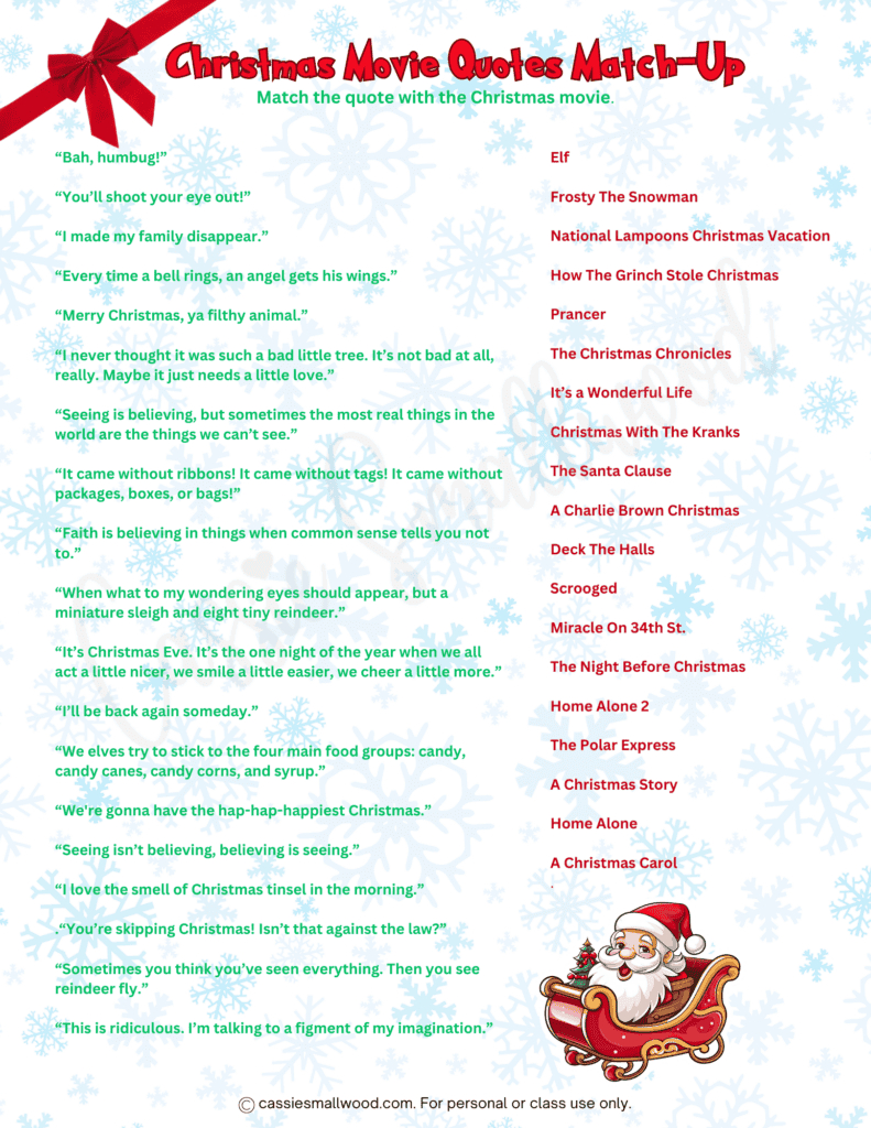 Free Printable Christmas Game - Christmas Movie Quotes Match-Up throughout Printable Christmas Movie Quotes