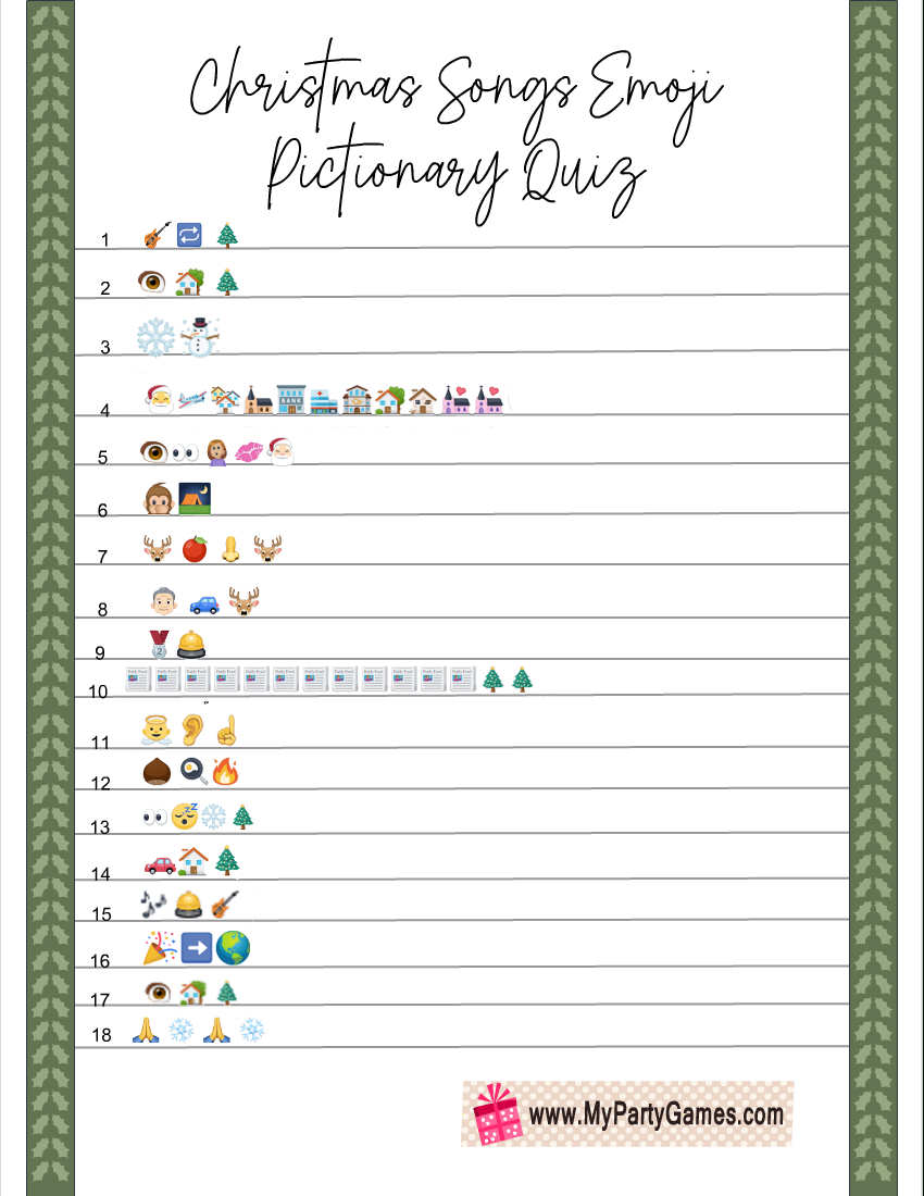 Free Printable Christmas Songs Emoji Pictionary Quiz for Christmas Songs Emoji Pictionary Quiz Printable