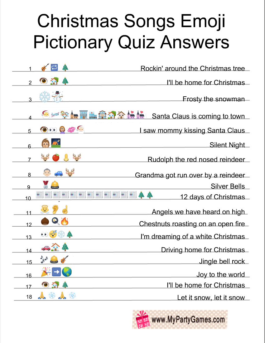 Free Printable Christmas Songs Emoji Pictionary Quiz in Christmas Songs Emoji Pictionary Quiz Printable