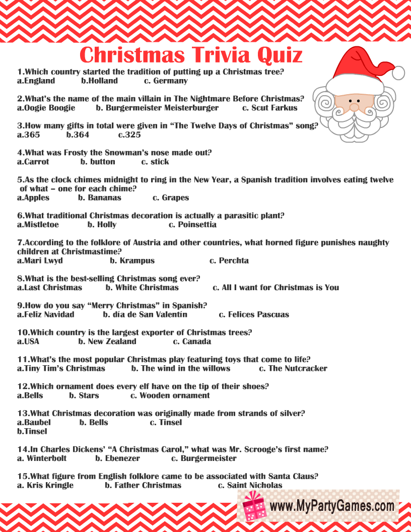 Free Printable Christmas Trivia Quiz in Printable Christmas Quiz with Answers For Adults