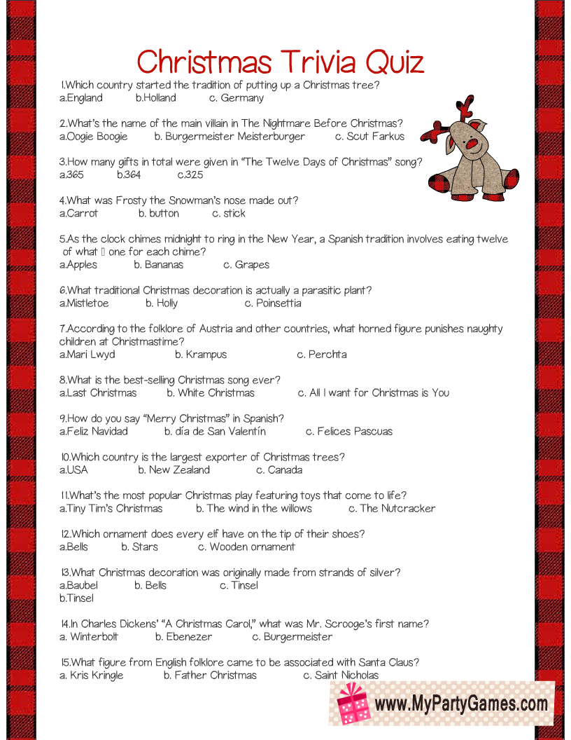 Free Printable Christmas Trivia Quiz with Christmas Trivia Multiple Choice Printable