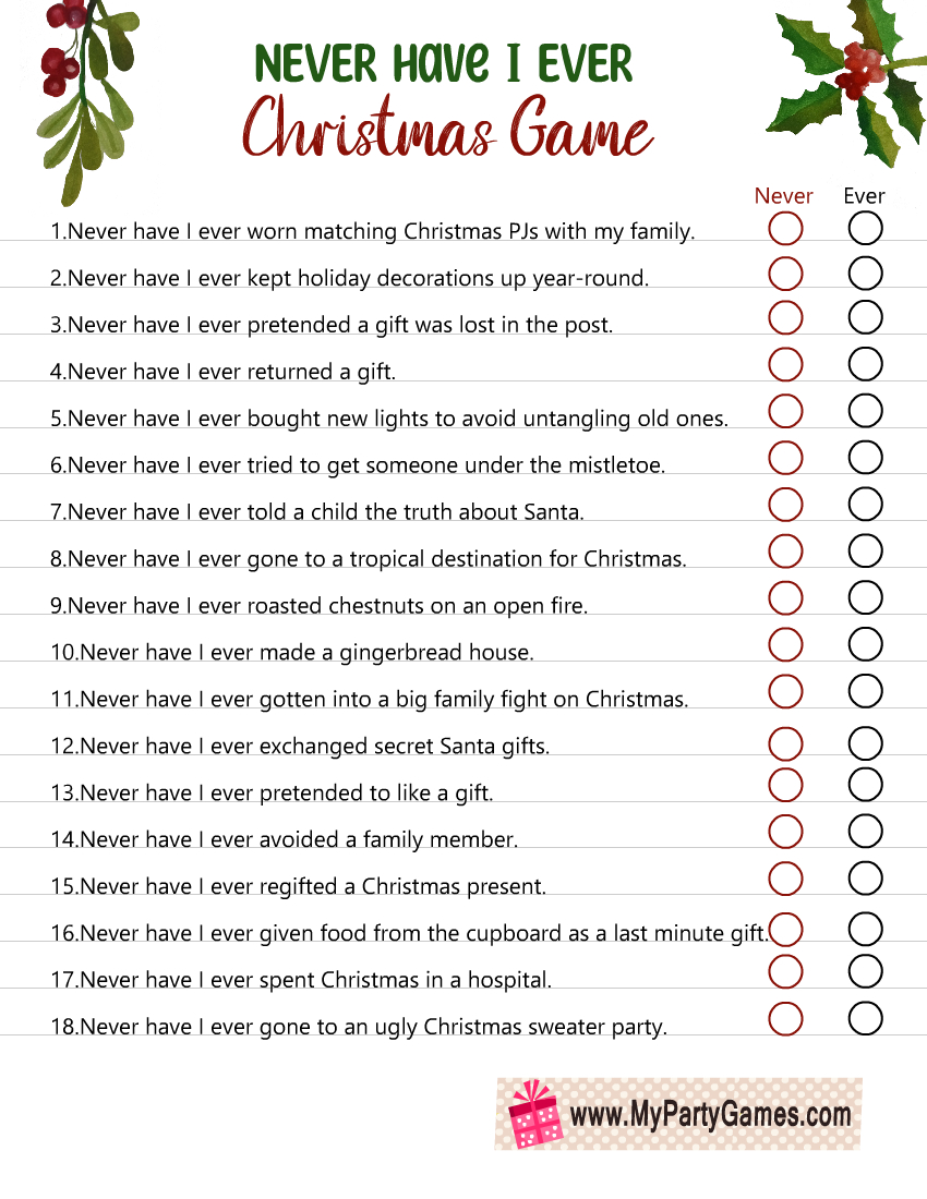 Free Printable Never Have I Ever Christmas Game For Adults in Free Printable Office Christmas Party Games For Adults