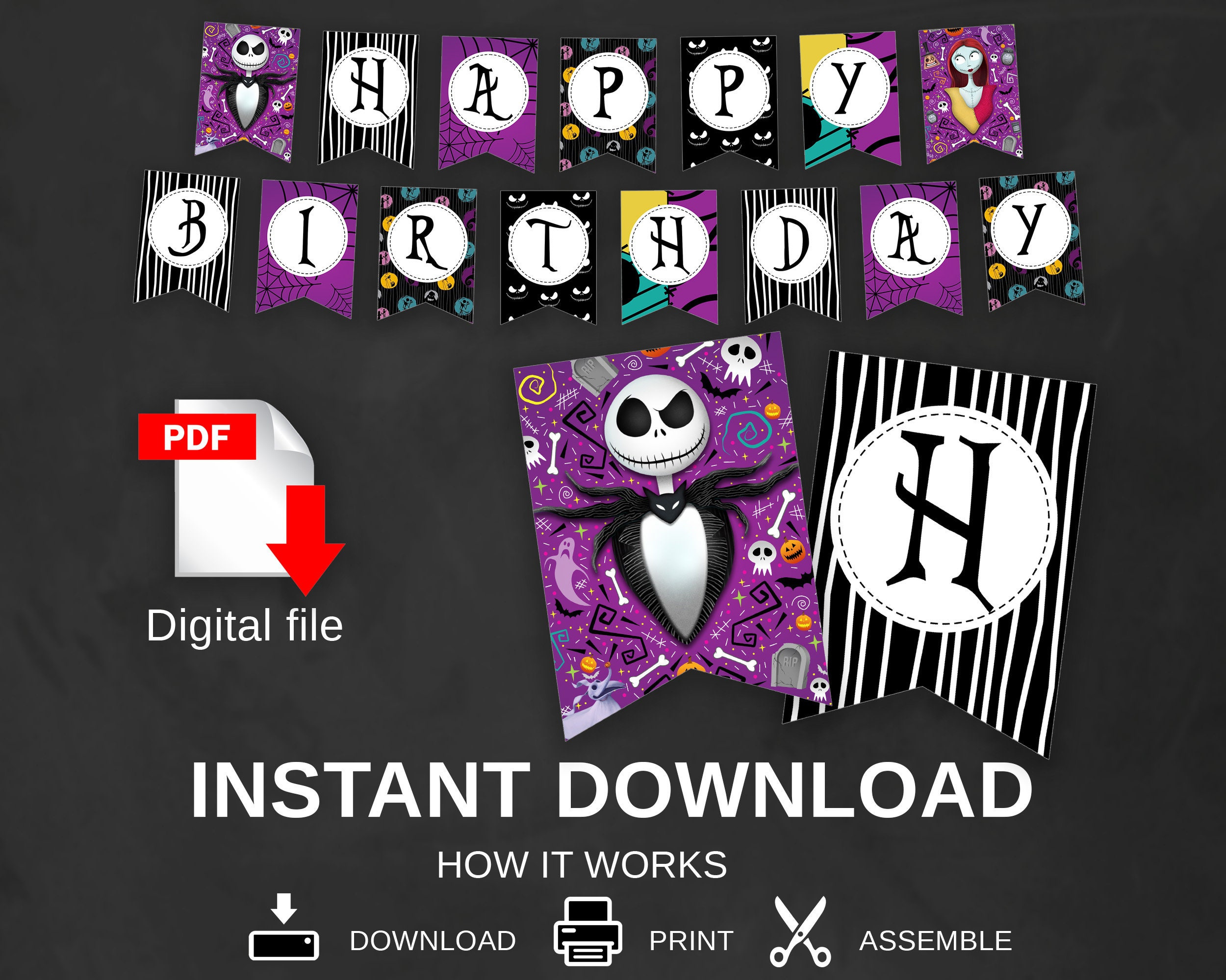 Instant Download Birthday Banner - Christmas Happy Birthday Banner regarding Nightmare Before Christmas Birthday Banner Printable