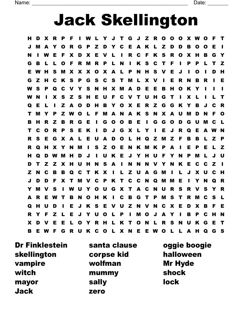 Jack Skellington Word Search - Wordmint regarding Nightmare Before Christmas Word Search Printable