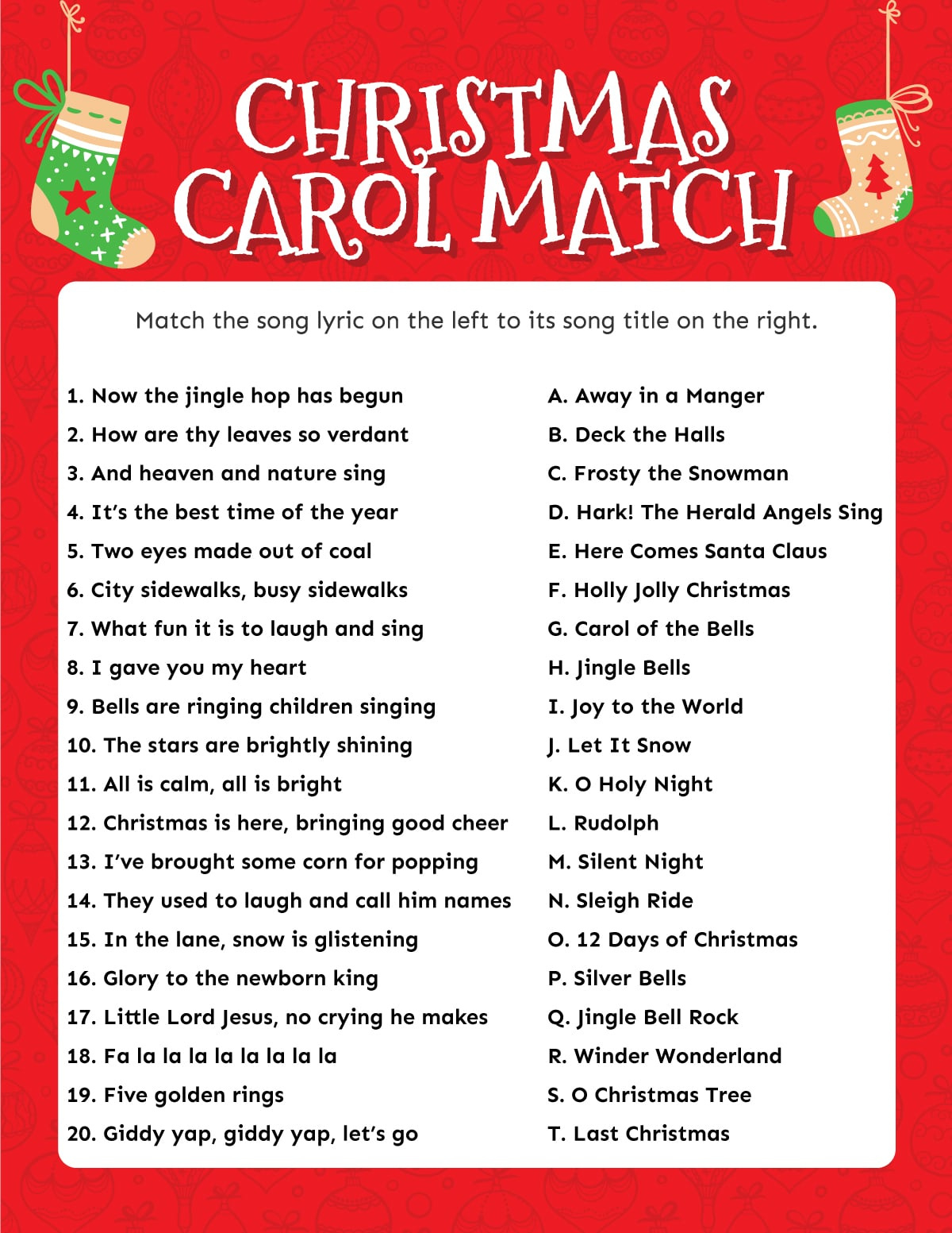 Match The Christmas Carol Game (Free Printable!) - Play Party Plan intended for Guess the Christmas Song Game Printable