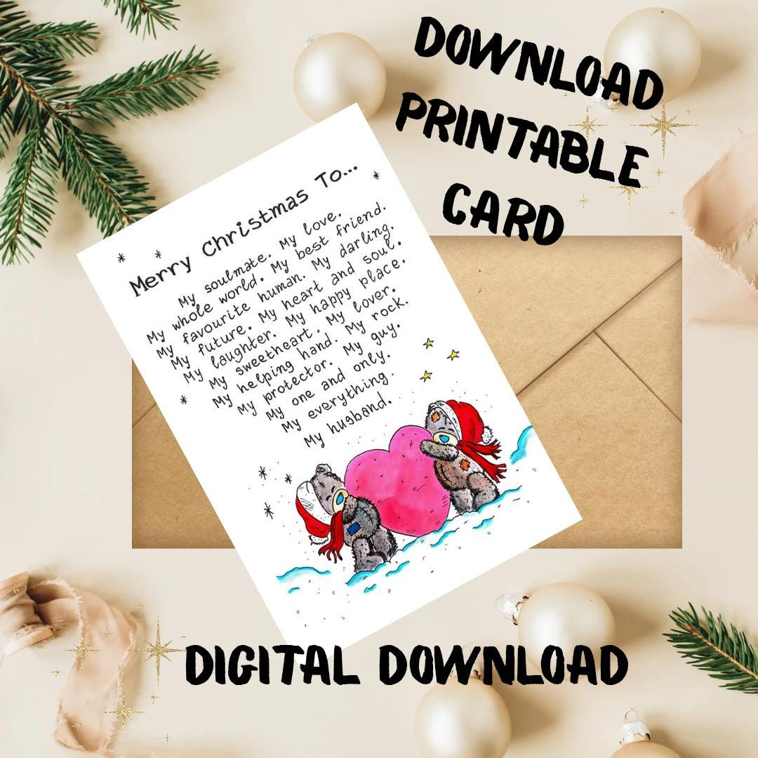 Merry Christmas To My Husband Printable Gift Card. Message within Printable Christmas Card For Husband