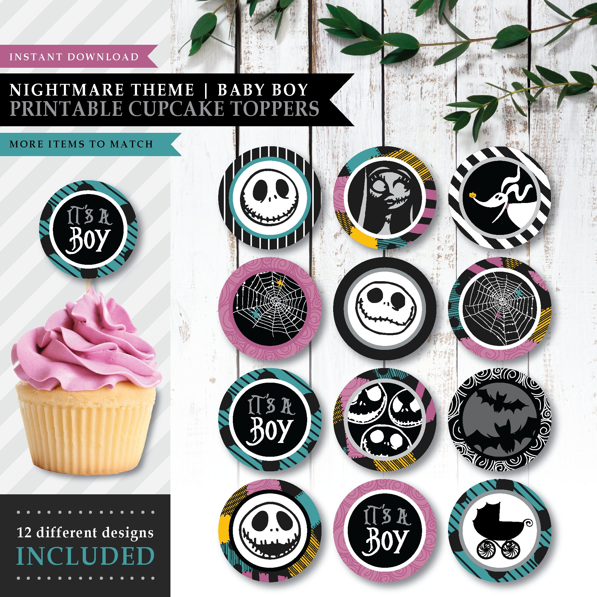 Nightmare *Skellington Love* Printable Cupcake Toppers | Dessert pertaining to Nightmare Before Christmas Cupcake Toppers Printable