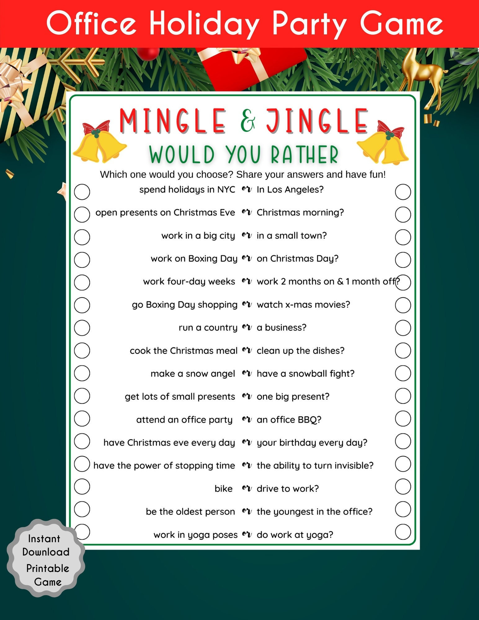 Office Holiday Party Would You Rather Game, Christmas Printable pertaining to Office Christmas Party Games Printable