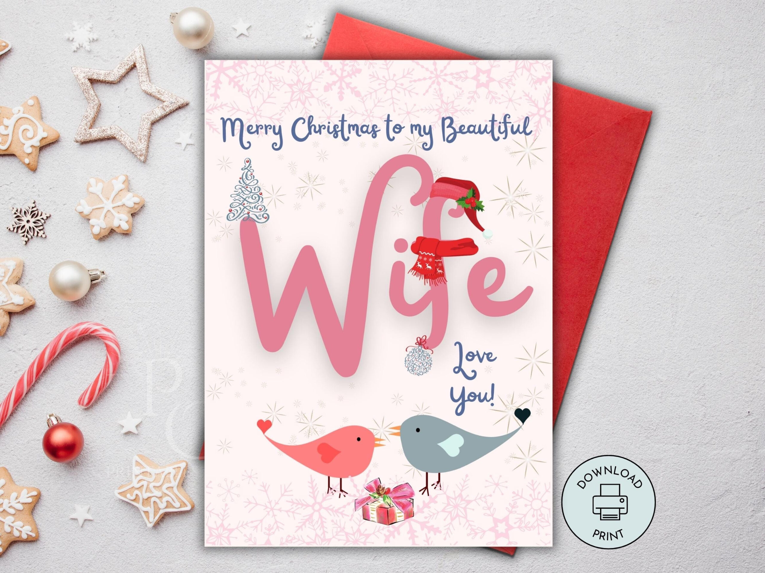 Printable Christmas Card For Wife, Merry Christmas Wife Card, Xmas for Printable Christmas Card For Wife Free